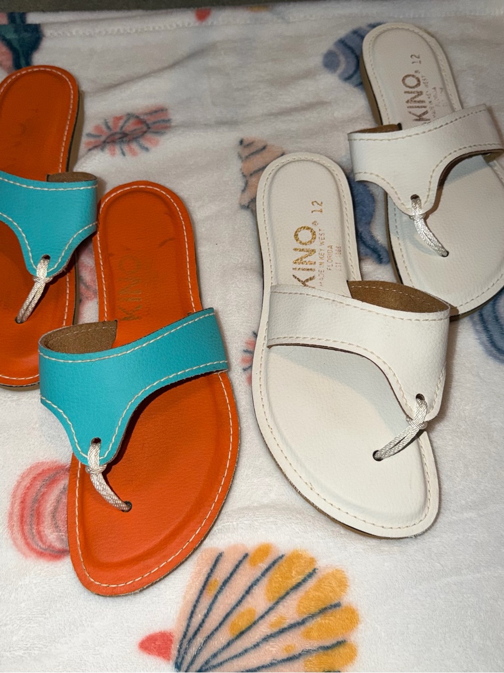 Bundle of Two Women’s Kinos Sandals. White and Orange/Turquoise Gently Used.